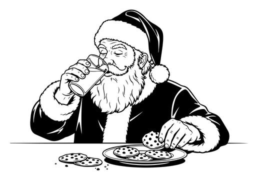 Santa Claus eating cookies and drinking milk vector illustration. Black and white drawing of a traditional Christmas holiday snack.