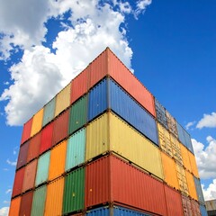Stacked shipping containers against a bright blue, cloudy sky