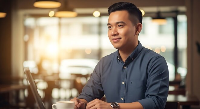 A young Asian businessman smiling while working on his laptop in a modern sunlit cafe. - Powered by Adobe