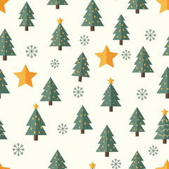 Obraz premium Festive seamless pattern with charming green Christmas trees, golden stars, and delicate snowflakes creating a joyful holiday atmosphere
