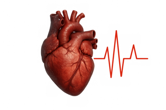 Human heart model showing a red electrocardiogram graph line, depicting health monitoring, pulse, and normal cardiac rhythm
