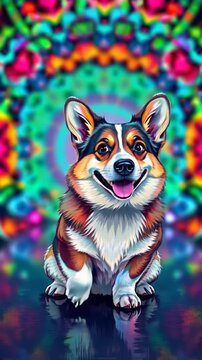 colorful corgi dog with vibrant psychedelic kaleidoscope background and glowing reflections