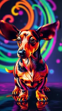 colorful dachshund dog with shiny neon fur against abstract swirling psychedelic background