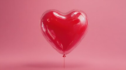 a shiny transparent red heart balloon on a pink background