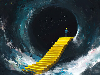 Surreal Journey Through Starry Portal with Yellow Stairs Illustration