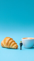 Businessman with Miniature Croissant and Coffee on Blue Background