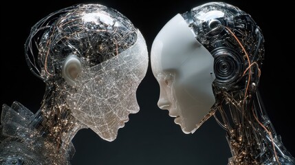 hologram representation of agentic autonomy in a futuristic dialogue between two digital figures conveys exploration of identity and humanlike interaction