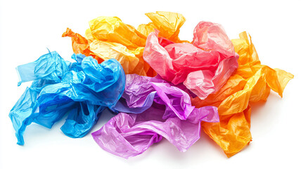 Colorful Crumpled Plastic Wrappers on White Background for Clean Up