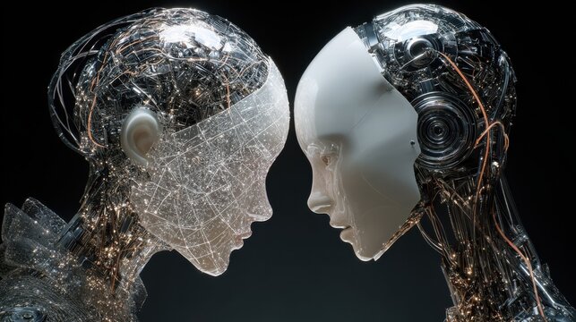 hologram representation of agentic autonomy in a futuristic dialogue between two digital figures conveys exploration of identity and humanlike interaction