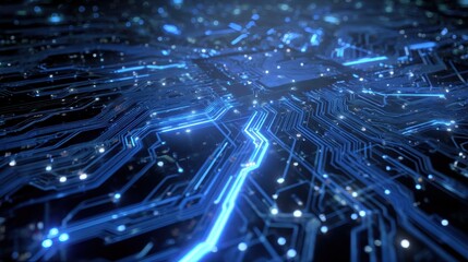 futuristic digital network with vibrant blue circuitry blending technology and artistry