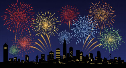 Fireworks display over city skyline, celebrating a special event with vibrant colors illuminating the night sky, creating a festive atmosphere