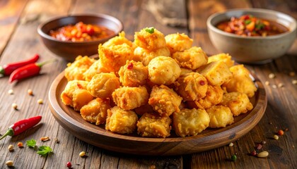 A rustic wooden plate piled high with golden-brown crispy fried tofu, served with two bowls of spicy chili sauce and red chilies, perfect for an appetizer or snack