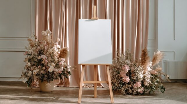 a clean and elegant blank white welcome sign on an easel set against a stylish modern boho wedding backdrop