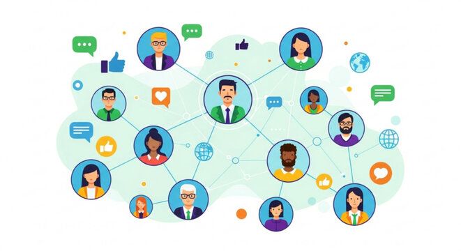 Social network connection concept with people avatars and communication icons digital community and global communication flat vector design