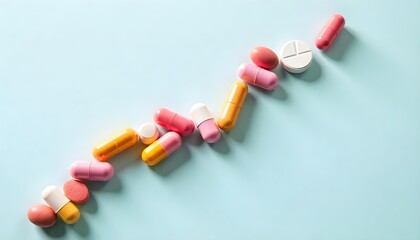 An assortment of pills and tablets in a straight line on a blue surface, highlighting the importance of health budgeting