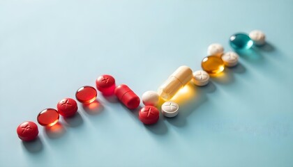 Various pills and tablets lined up on a blue background, representing the intersection of healthcare and financial planning