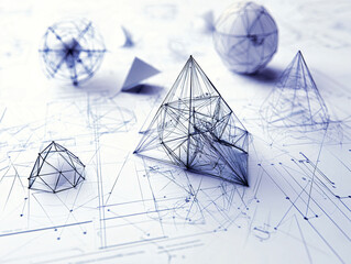 Geometric Shapes and 3D Models on Technical Blueprint Background