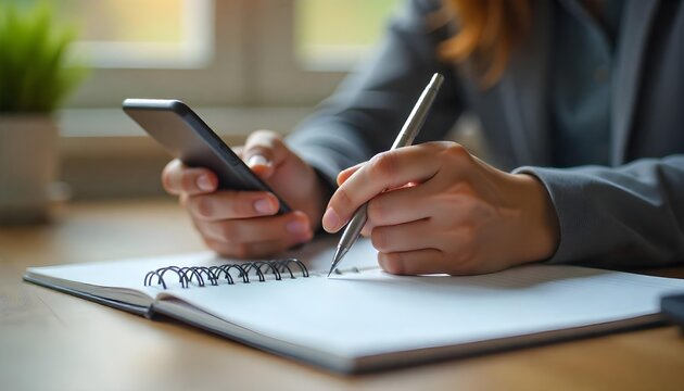 Businesswoman writing in a notebook with a pen, smartphone nearby, surrounded by data visualizations and technology elements