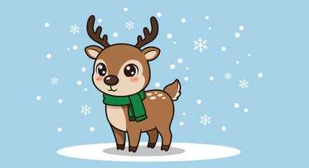 Adorable cartoon reindeer with a green scarf in falling snow