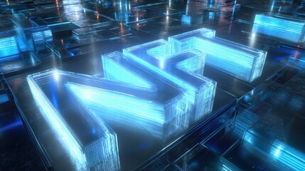 illuminated nft letters in a futuristic digital environment with blue lighting and reflective surface