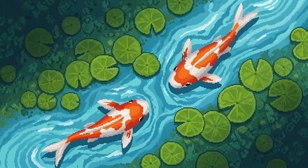 Pixelated Koi Fish Swimming in a Tranquil Pond with Lily Pads