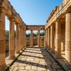 Obraz premium Ancient stone colonnade under a clear sky evokes historical grandeur and architectural precision