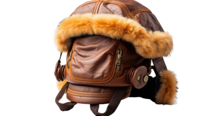 Leather aviator hat fur isolated on transparent background, png