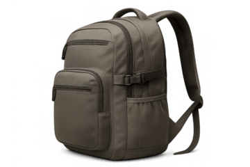 Khaki backpack showcasing multiple compartments and sturdy straps, ready for school, travel, or outdoor adventures on transparent background