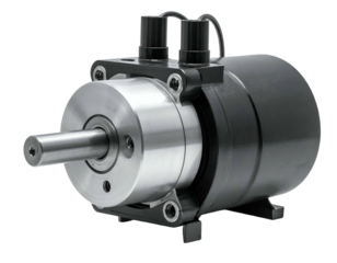 Black and silver cylindrical industrial motor with a shaft and two connectors