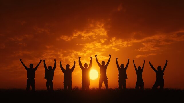 a triumphant team silhouetted against a fiery sunset celebrating their victory with arms raised high a powerful image of unity and achievement in warm golden hues