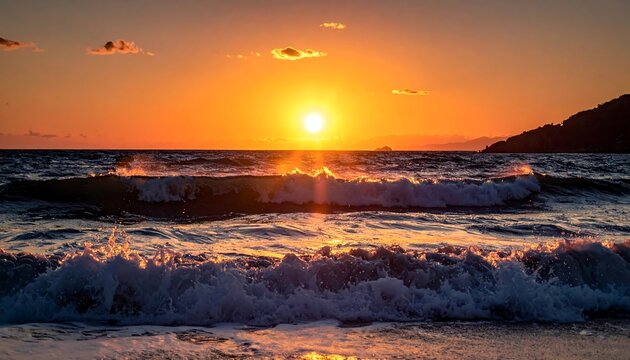 Stunning ocean sunset, sun over water with crashing waves