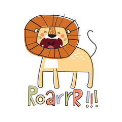 adorable cartoon lion poster, playful and childish style. Vector illustration suitable for kids print background, bedding decoration, wall art, t shirt or clothing, nursery, kindergarten background