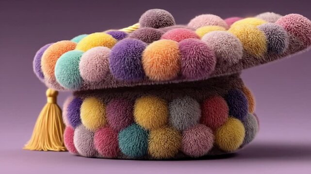 Colorful graduation cap with decorative pom poms on a light purple background