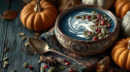 Full-frame pumpkin soup shot on black wood: golden soup hugging artisan bread, razor-sharp texture, perfect for culinary class cover, food mag spread, supermarket hanging sign, web wallpaper