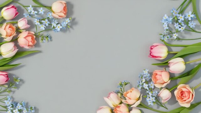 Floral arrangement featuring pink tulips and forget me nots on a gray surface background seamless patterns backgrounds video
