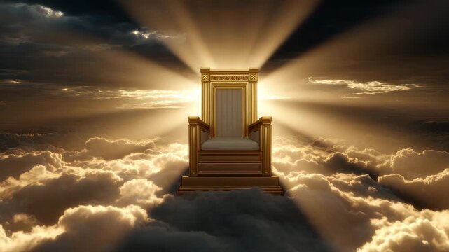 Golden throne radiant above cloudscape with sunlight rays and sunbeam halo, majestic luxury seat and throne room pedestal bathed gold, sky beam clouds evoking serene divine royalty and spiritual