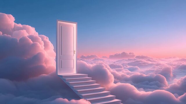 Dreamlike doorway above pastel cloudscape sunrise evokes surreal hope and gentle wonder. open white door top of staircase emerging from soft pink clouds into pastel sky, dreamy surreal gateway to