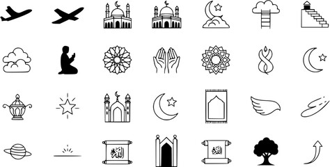 Islamic and Spirituality Vector Icon Set: Mosques, Prayer, Nature, Travel  Celestial Symbols. Muslim Culture  Faith Graphics Collection.