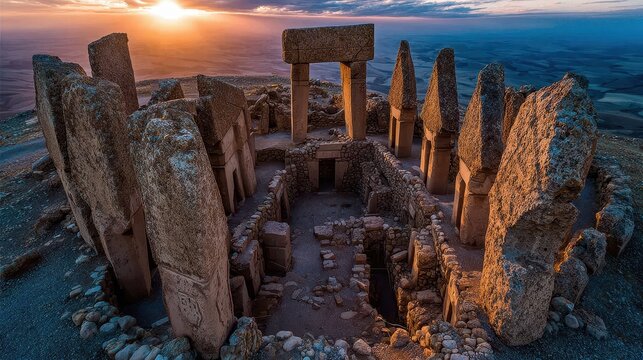 cinematic scene of gobekli tepe urfa landscape during sunset with long shadows across the excavation site and soft glowing horizon creating historical depth