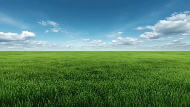 Lush green grass field under bright blue sky with scattered white cloud peaceful open meadow landscape horizon and nature outdoors green sky cloud meadow landscape meadow green nature outdoors
