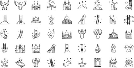 Hand-Drawn Doodle Islamic and Spiritual Icons Collection. Includes Mosques, Angels, Ladders, Kaaba, Prayer Mat, Moon, Stars, and Clouds in Line Art Style. © pixsource