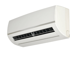 Wall-mounted white appliance with louvers, designed to cool or heat a room