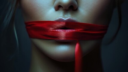 Close-up of lips bound with red satin ribbon, suggesting silence or censorship