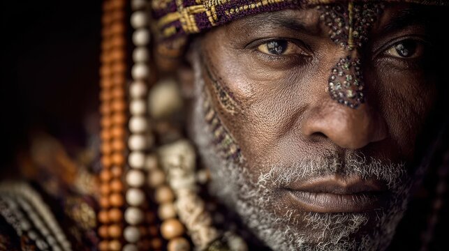 ceremonial portrait of candomble priest wearing symbolic beads and garments in ambient warm light highlighting wisdom tradition and spiritual leadership