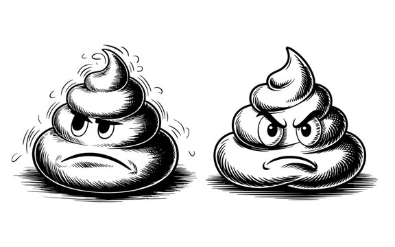 Funny hand drawn sketch of two angry poop emoji characters in black and white, comic cartoon illustration expressing frustration and humor.
