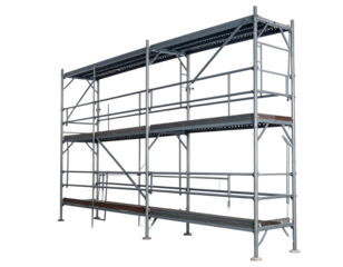 A modular, metal scaffold structure with multiple levels for construction