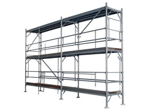A modular, metal scaffold structure with multiple levels for construction