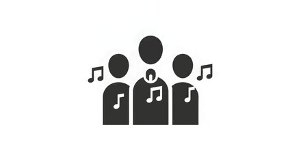 Three people singing in a choir with musical notes.