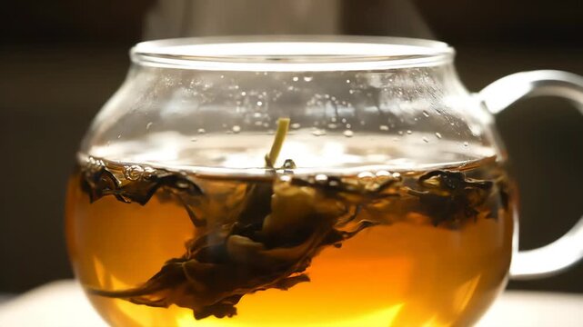 Close up shot of dried tea leaves unfurling and steeping in hot water within a clear glass teapot, releasing aroma and steam.