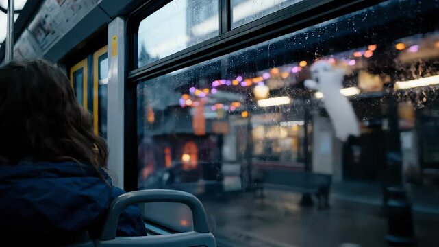 Pensive woman in a face mask looking out the window of a moving tram at city streets decorated for halloween, with glowing pumpkins, ghosts, and festive lights reflected in the wet glass